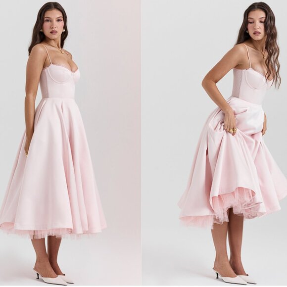 House of CB 'Mademoiselle' Ballerina Pink Satin Tulle Midi Dress NWOT - Picture 3 of 12
